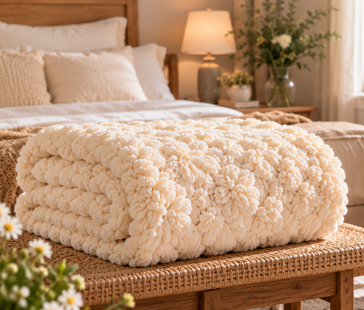 Ivory Floral Tufted Chenille Throw Blanket