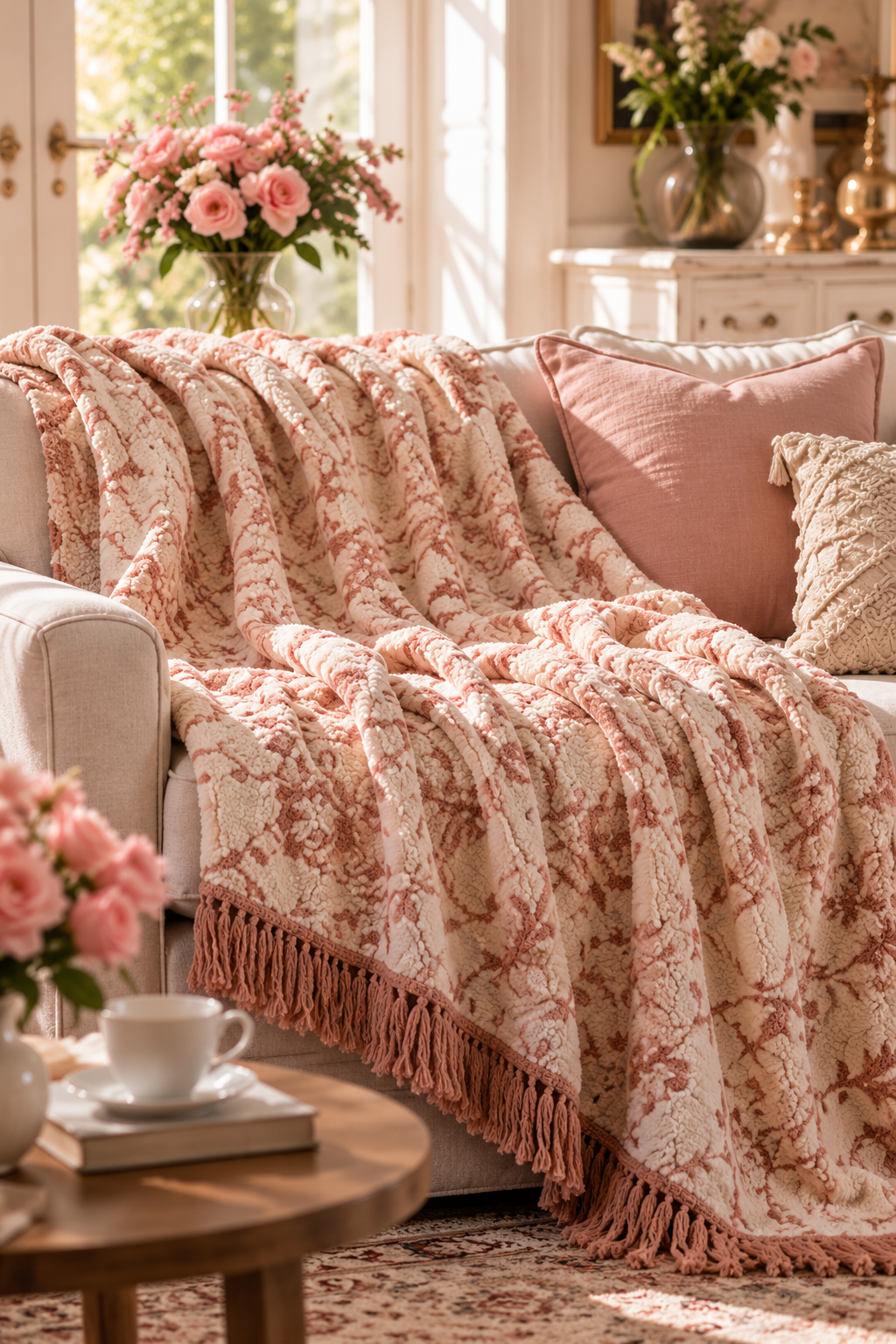 Blush Garden Floral Tassel Throw Blanket