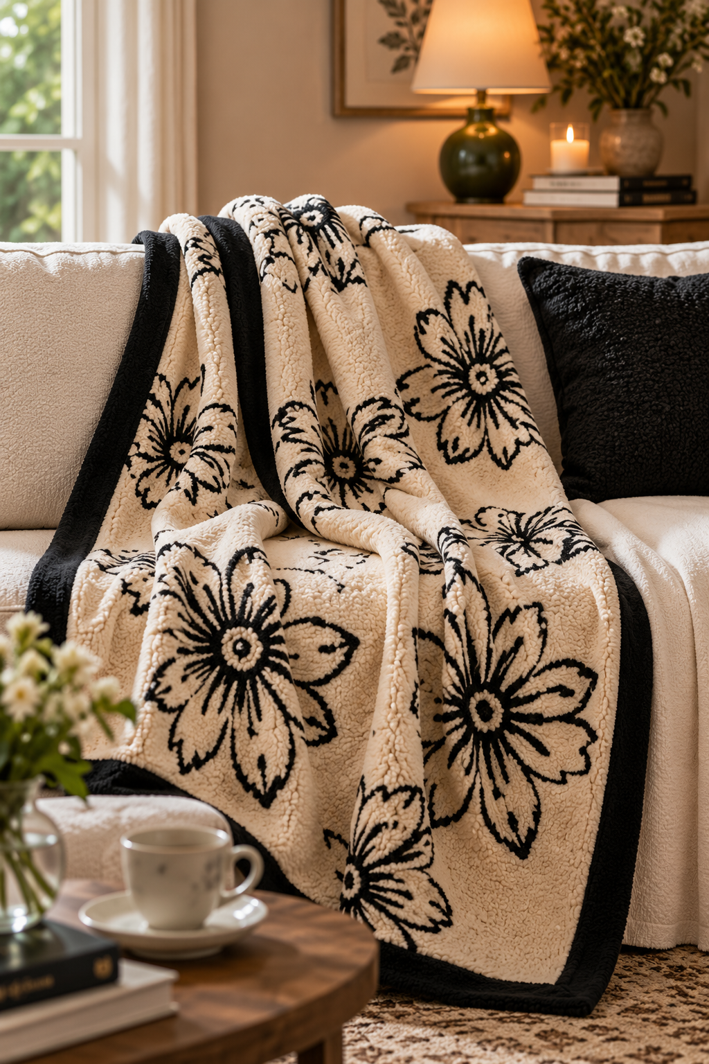 Black Daisy Floral Plush Throw Blanket