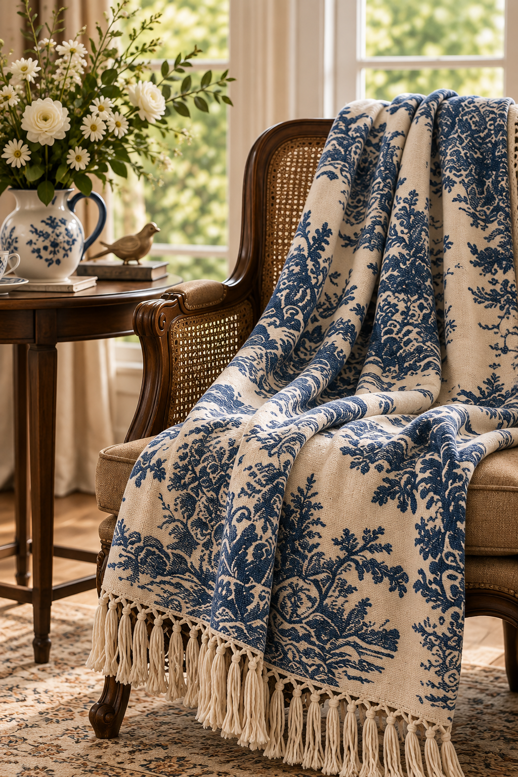 French Blue Toile Woven Tassel Throw Blanket