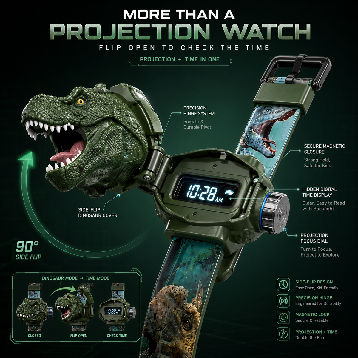 𝐁i𝐥𝐥𝐡𝐨𝐥® 3D Dinosaur Projection Watch💚Realistic T-Rex Design, Safe Soft Strap for Kids Ages 3+