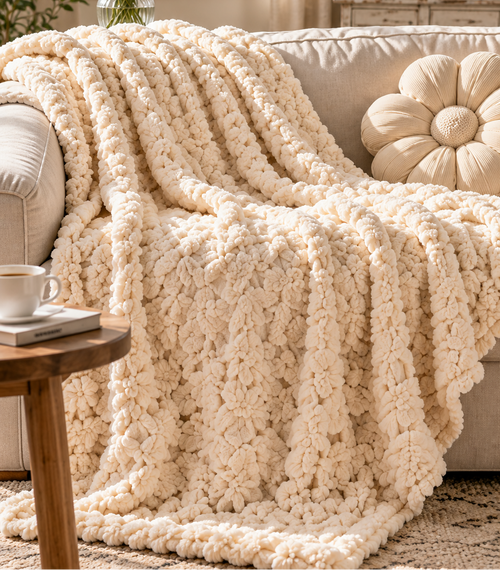Ivory Floral Tufted Chenille Throw Blanket