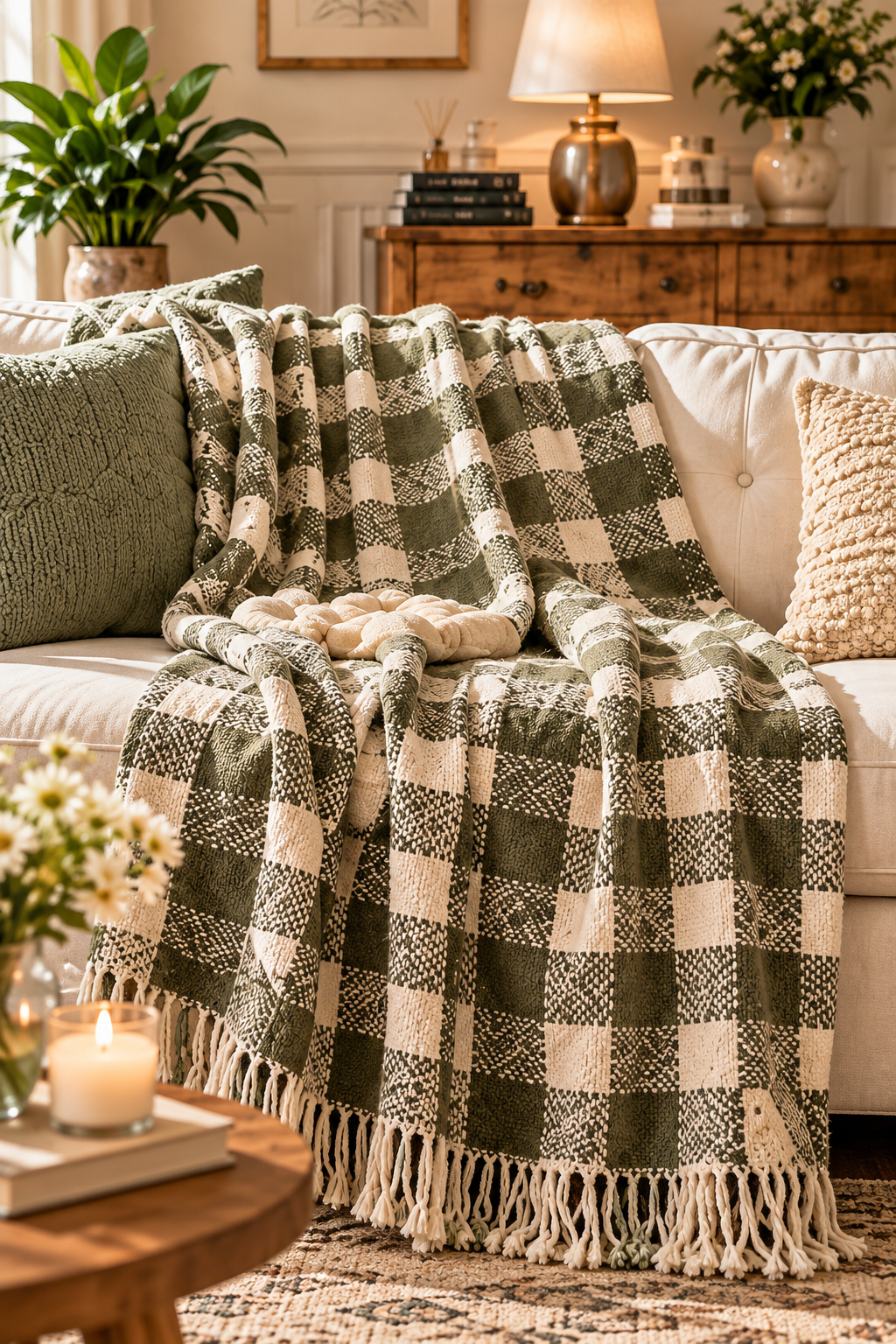Olive Gingham Woven Tassel Throw Blanket