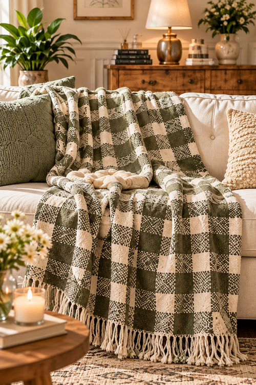 Olive Gingham Woven Tassel Throw Blanket