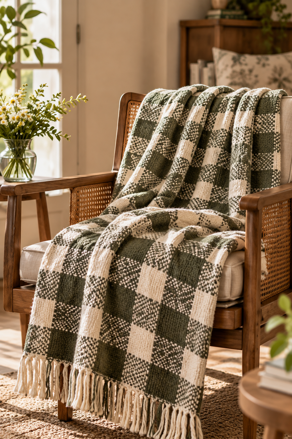 Olive Gingham Woven Tassel Throw Blanket