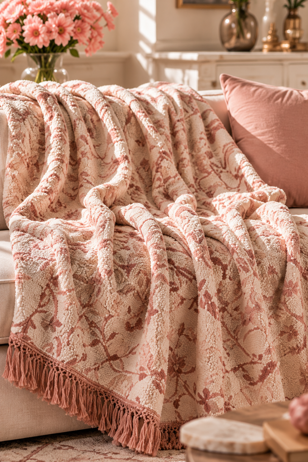 Blush Garden Floral Tassel Throw Blanket