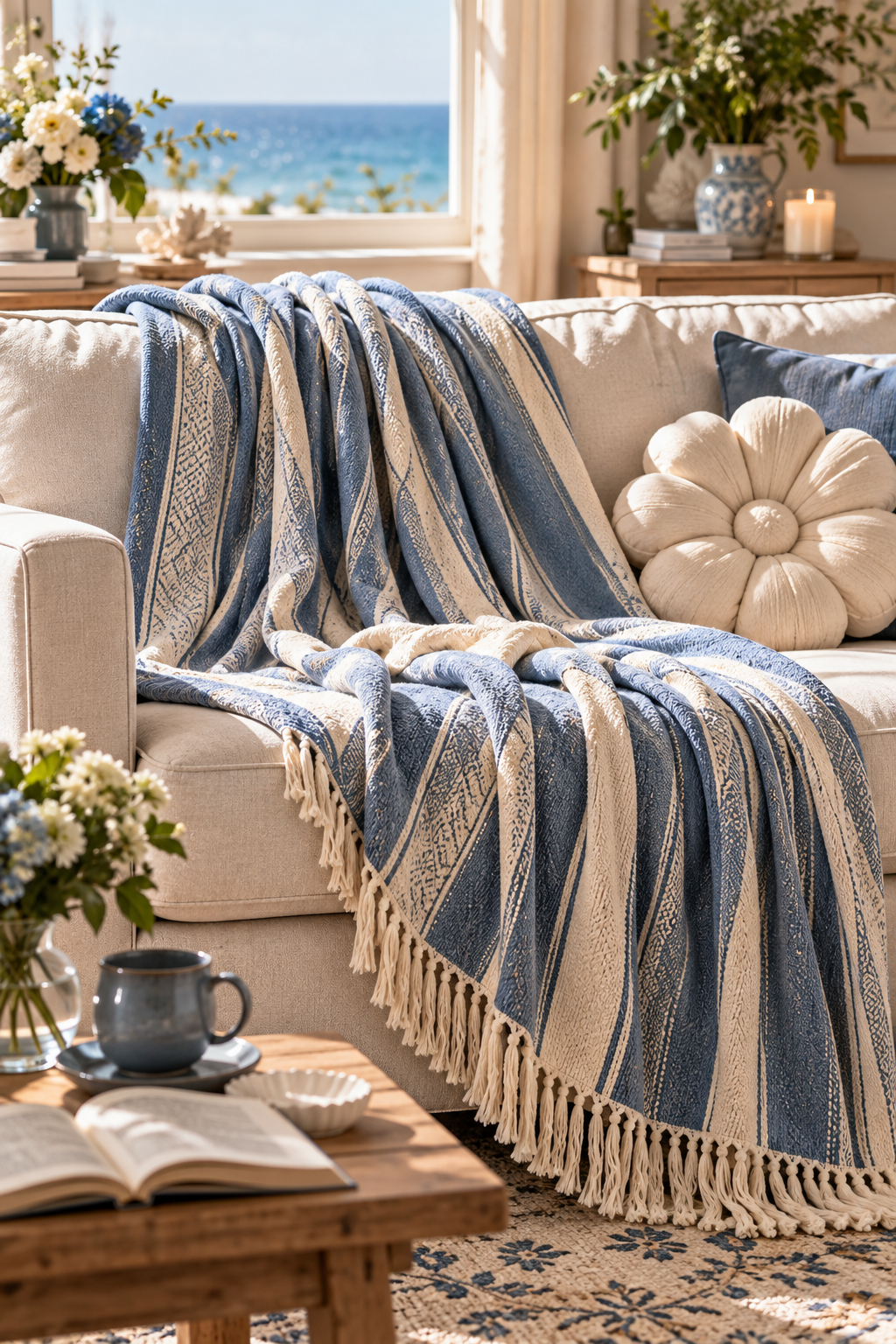 Coastal Blue Striped Woven Fringe Throw Blanket