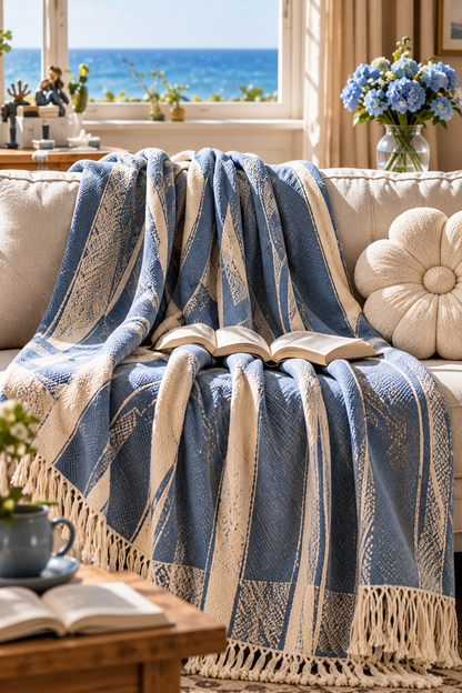 Coastal Blue Striped Woven Fringe Throw Blanket