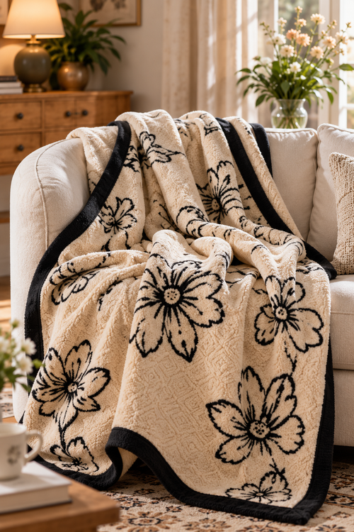 Black Daisy Floral Plush Throw Blanket