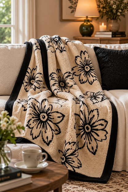 Black Daisy Floral Plush Throw Blanket