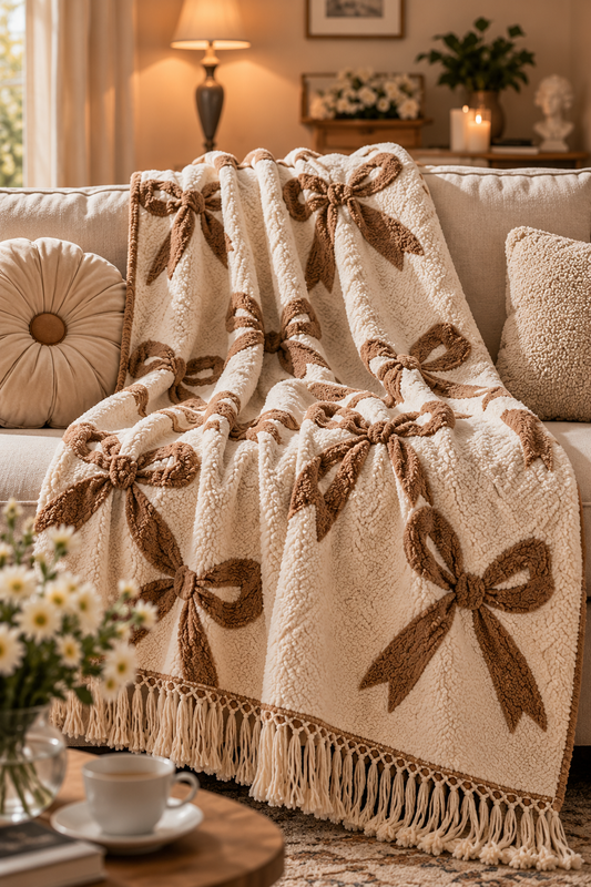 Caramel Bow Tufted Fringe Throw Blanket