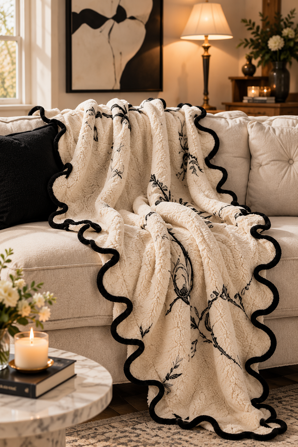 Noir Botanical Scalloped Plush Throw Blanket
