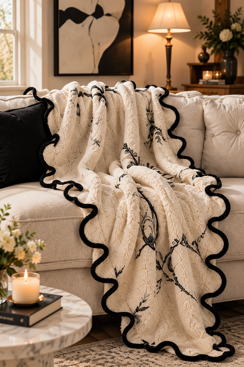 Noir Botanical Scalloped Plush Throw Blanket