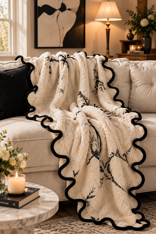 Noir Botanical Scalloped Plush Throw Blanket