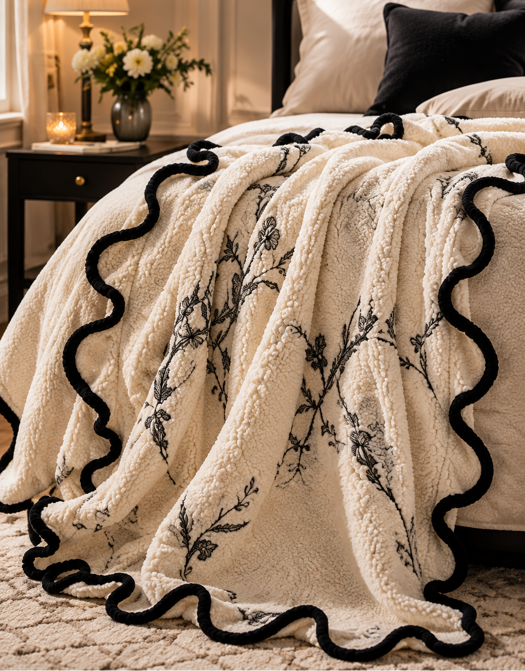 Noir Botanical Scalloped Plush Throw Blanket