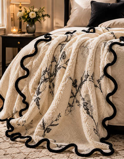 Noir Botanical Scalloped Plush Throw Blanket