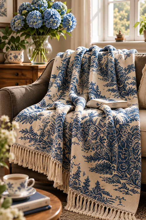French Blue Toile Woven Tassel Throw Blanket