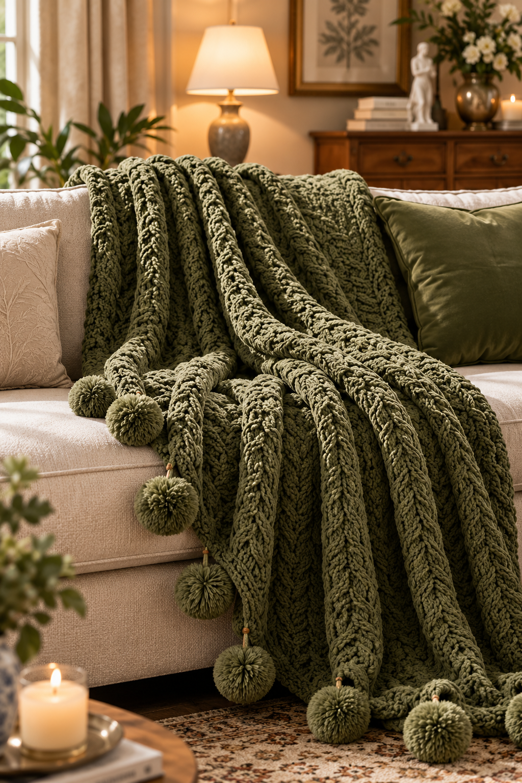 Olive Chunky Knit Pom Pom Throw Blanket