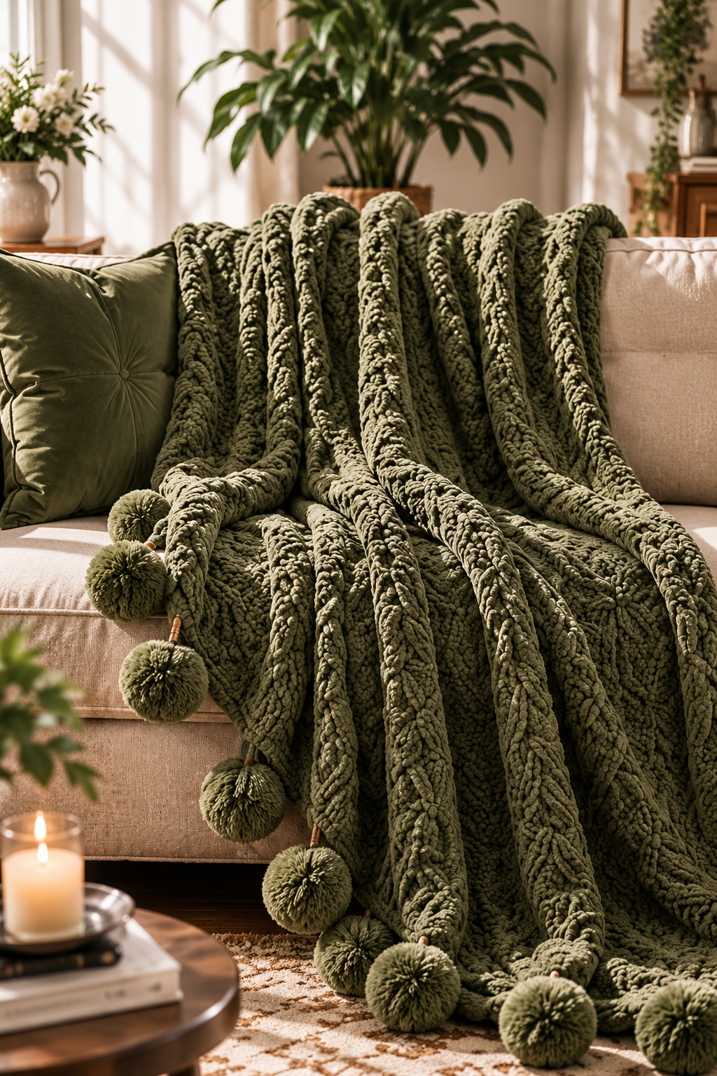Olive Chunky Knit Pom Pom Throw Blanket